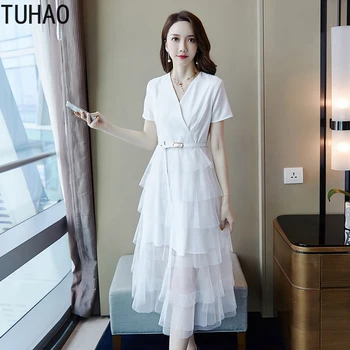 

TUHAO 2019 Summer Ruffles Mesh Cake Whithe Dress Work Casual Slim Work Women Party Dresses Sexy Hollow Out Vintage Dress LZ57