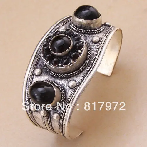

Glamour Old tibet silver inlay bling round black bead cuff bracelet quality guarantee Adjustable Party