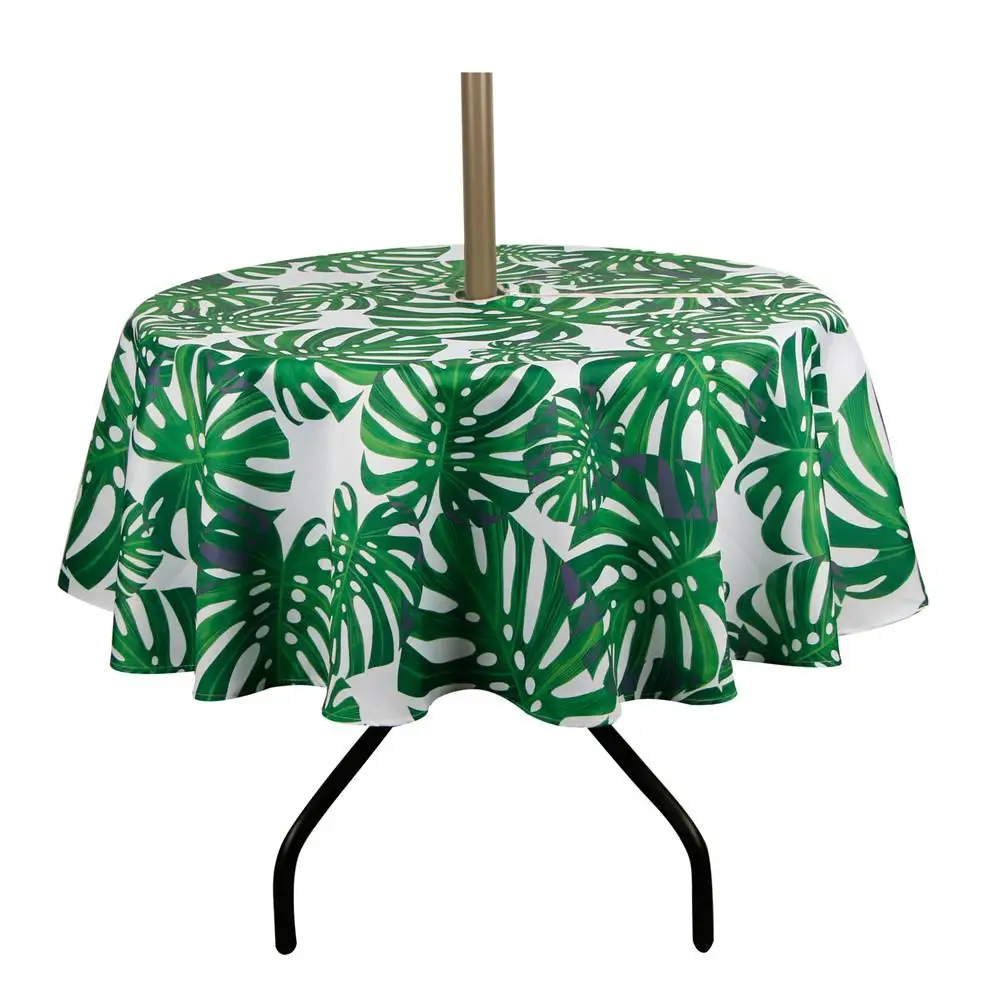 

Outdoor Patio Green Printed Tablecloth With Umbrella Hole Zipper Water Stain Resistant Fabric Table Cloth For Umbrella Table