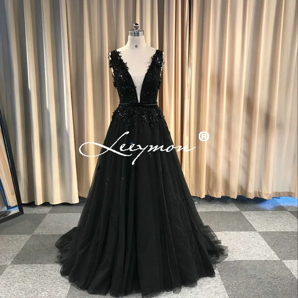 Leeymon На Заказ Sexy Backless Beading Appliques Party Dress Длина До Пола Платье Выпускного Вечера Черныйой спиной, вечернее платье с аппликацией длиной до пола, черное платье для выпускного вечера