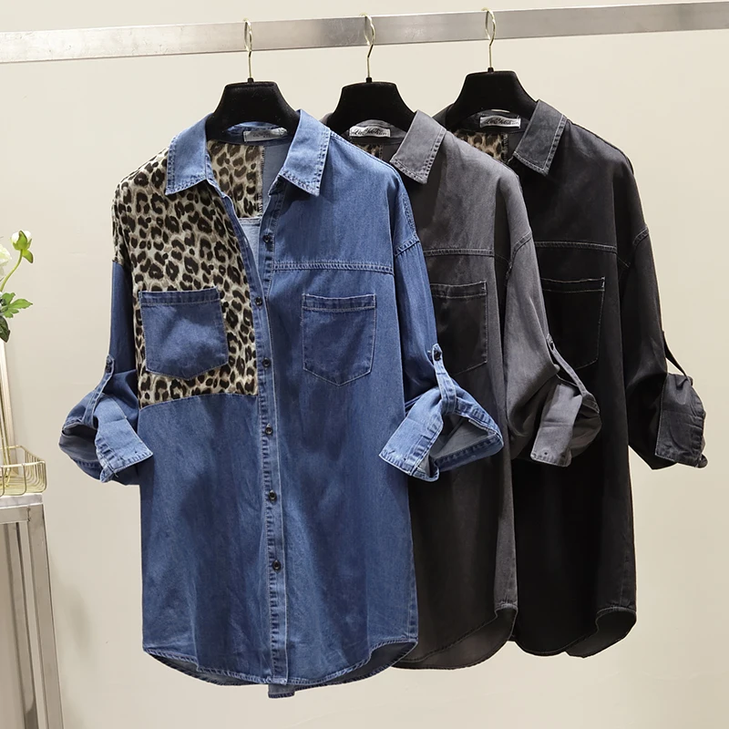 

2019 spring new hot sale leopard patchwork women long sleeve denim shirt BF loose large size shirt blouse