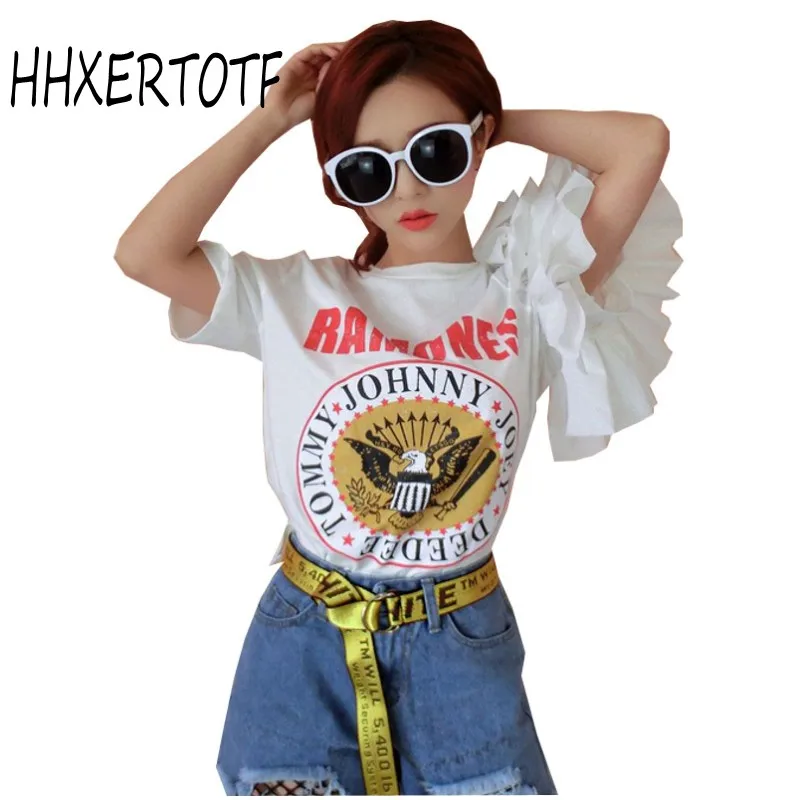 

2018 summer new fashion women The New Loose letter printing Ruffle Sleeve Short Sleeve Leisure Female T-Shirt