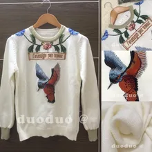 Высокое качество весна новое поступление одежда женский белый Повседневный свитер модный вышитый цветок птица шерстяной пуловер