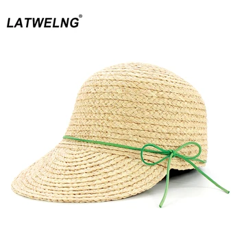 

2020 New 7 Colors Leather Bow Raffia Baseball Caps For Women Summer Visor Sun Cap Ladies Soft Straw Caps Designer Wholesale