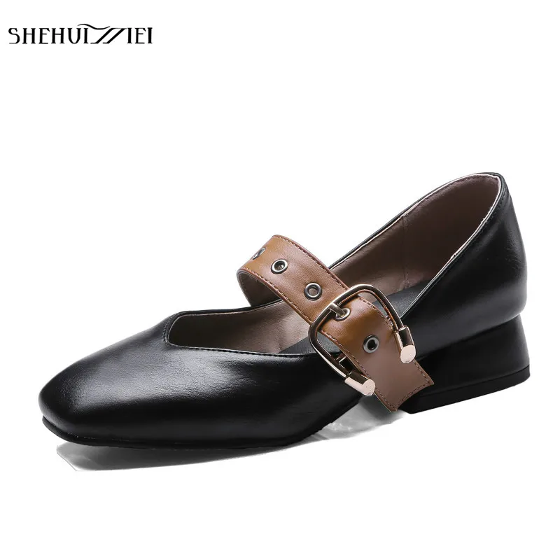 

SHEHUIMEI 2018 Spring Women Mary Janes Shoes Square Toe Buckle Flat Shoes Sweet Woman Shoes PU Leather Boat Shoes Zapatos Mujer