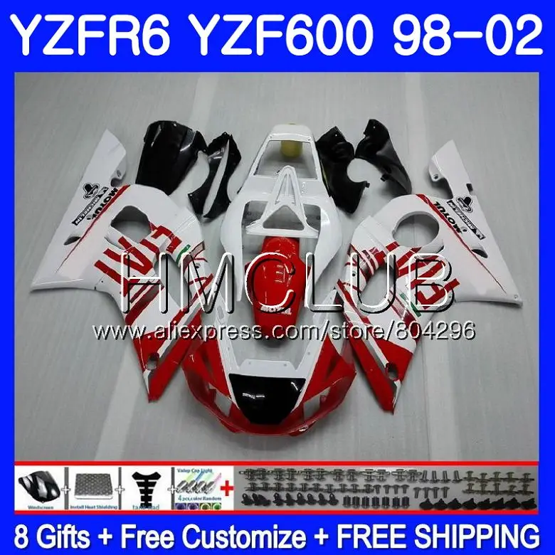

Body For YAMAHA YZF-R6 YZF 600 YZFR6 98 99 00 01 02 100HM21 YZF-R600 YZF600 YZF R6 1998 1999 2000 2001 2002 Red white Fairing