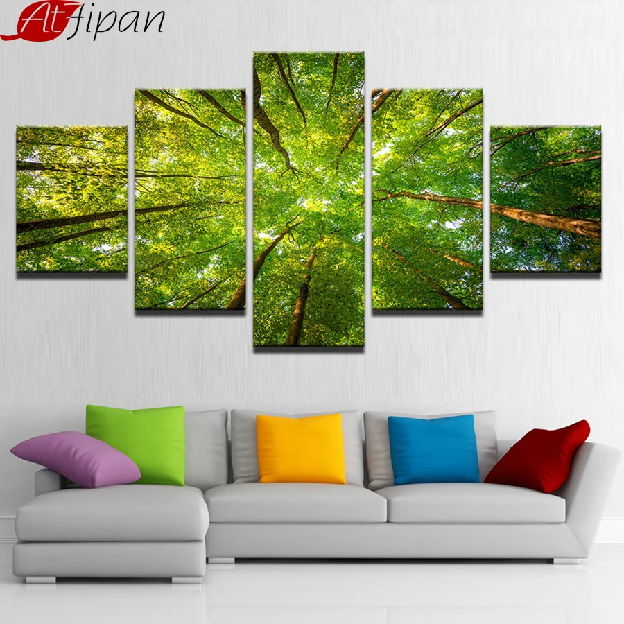 AtFipan Home Decor Canvas Picture Framework HD Prints Poster 5 Pieces Green Sunshine Woods Trees Paintings Living Room Wall Art | Дом и сад