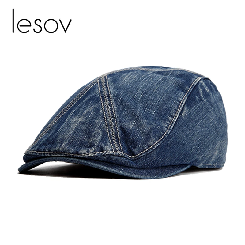 Lesov Washed Cotton Visors Beret Hat Men Vintage Denim Casual Sport Cap