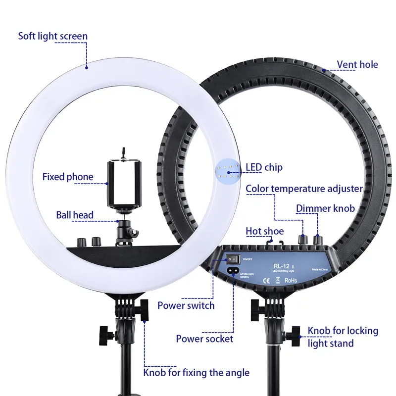  fosoto RL-12II 14 inch Ring lamp 3200K-5600K Photography Makeup Led Ring Light Tripod Stand For Cam - 32909838104