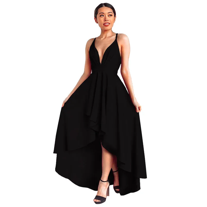 Fashion summer dress 2018 black dress Womens Backless V Neck Party Asymmetry Dress Cocktail Prom Bridesmaid Gown vestido J12#N (6)