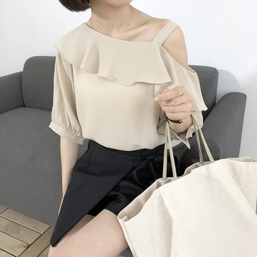 Spring and summer new style ne-shoulder strap off-shoulder ruffle collar shirt Short sleeve chiffon shirt