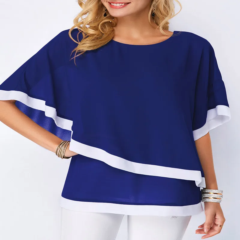 Lossky летняя повседневная женская шифоновая рубашка,, рукав летучая мышь, прошитая необычная Свободная шифоновая рубашка, топы, женская блузка размера плюс - Цвет: blue