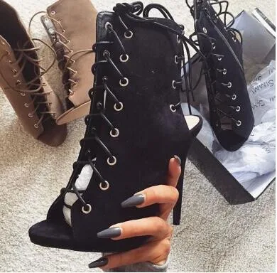 

Suede Leather Peep Toe Lace-up Ankle Bootie Cut-out Women Shoes Side Zipper Hot Selling Black Bronw Cross-tied Fashion special
