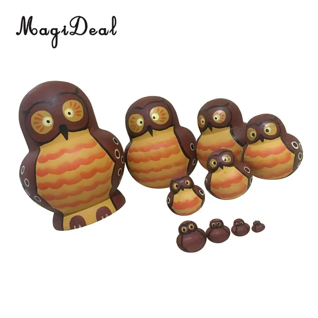 10Pcs Cute Cartoon Brown Owl Handmade Wooden Russian Nesting Dolls Matryoshka Dolls for Children Kids Toys Gift Home Decor