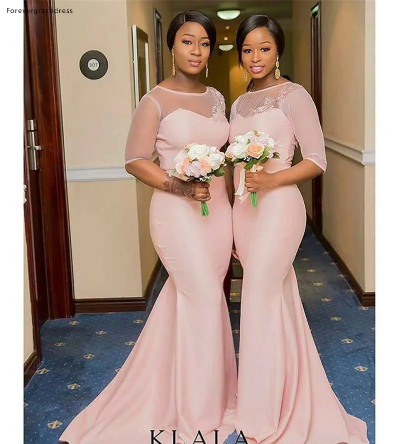 2019 South African Long Bridesmaid Dresses Pearl Pink Mermaid Sheer Neck Cheap Summer Boho Wedding Guest Dresses  94