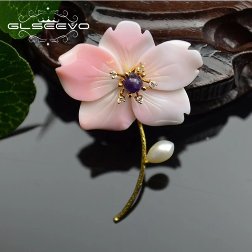 

XlentAg Natural Amethyst Queen Shell Flower Brooch Pins And Brooches Birthday Gift Dual Use Luxury Fine Jewelry For Women GO0246
