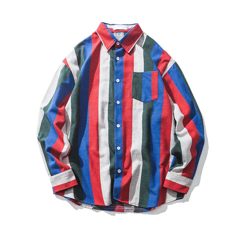 

Japanese Harajuku Vertical Striped Button Up Flannel Shirt for Men Urban Boys Streetwear Long Sleeve Color Block Shirt Plus Size