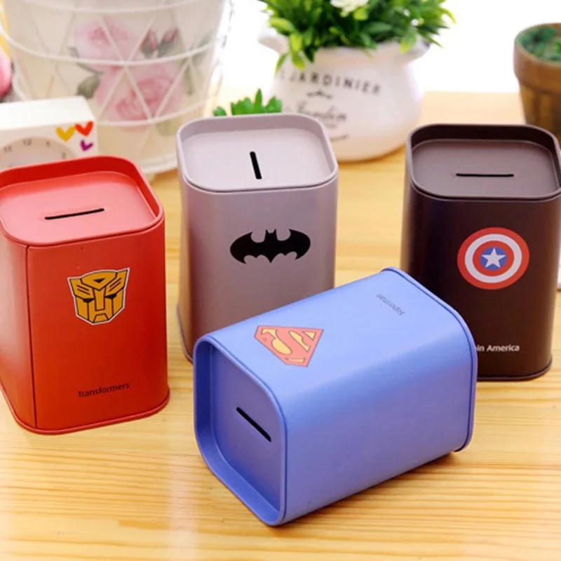 

Square Metal Tinplate Piggy Bank Super Hero Superman Korean Cute Girl British style Gentleman Storage Box Xmas New Year Kid Gift