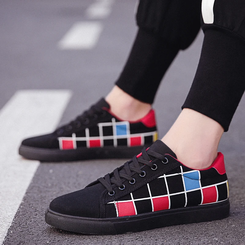 

Men Pu Leather Casual Shoes 2019 Spring Light Footwear Men's High Quality Lace-Up Black White Plaid Sneakers Flats Skate Shoes