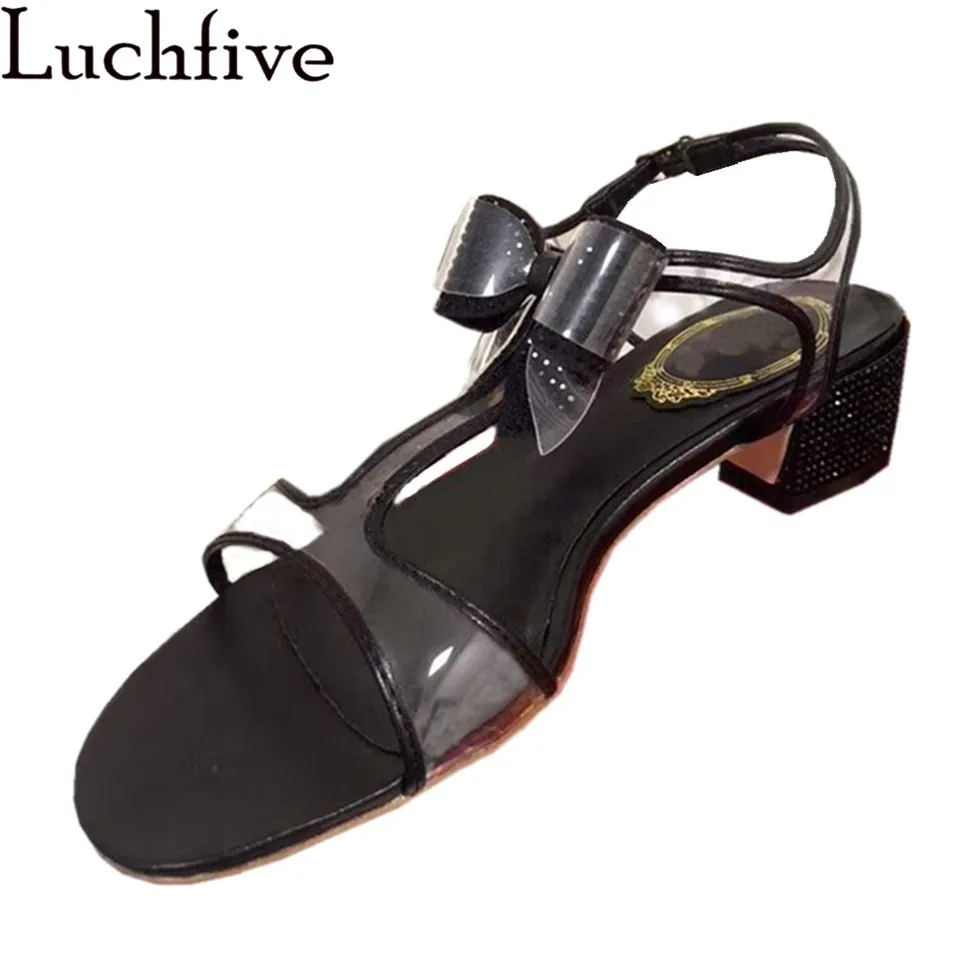 

Clear T-Strap Crystal Butterfly-knot Sandals Women Summer Shoes Woman Crystal Short Square Heel Ladies sandale femme 2019 Black