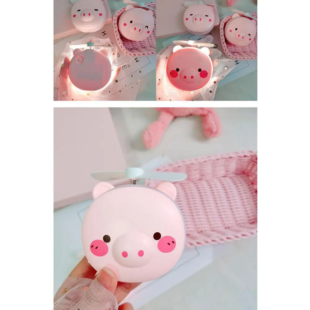 HobbyLane 1pcs Portable LED Cartoon Pig Fill Light Makeup Mirror Fan Bright Adjustable USB Charging Portable Handheld Mini Fan