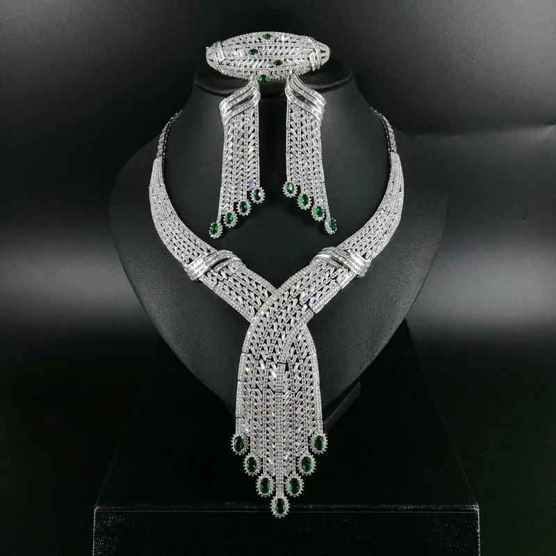 

NEW FASHION luxury vintage GREEN CZ zircon necklace earring bracelet ring set wedding banquet dinner dressing jewelry set