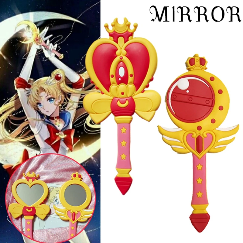 

Anime Sailor Moon Mirror Handle Cosplay Action Tsukino Crescent Love Crown Magic Wand Hand-held Cosmetic Mirror Toy Gift