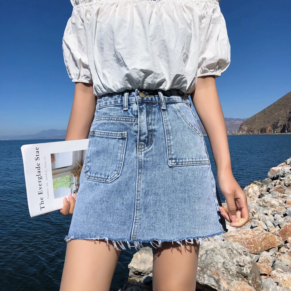 Blue Pockets Casual Mini Denim Skirt Spring Summer New Bodycon Women Skirt Basic Women Jeans Skirt High Waist Saias