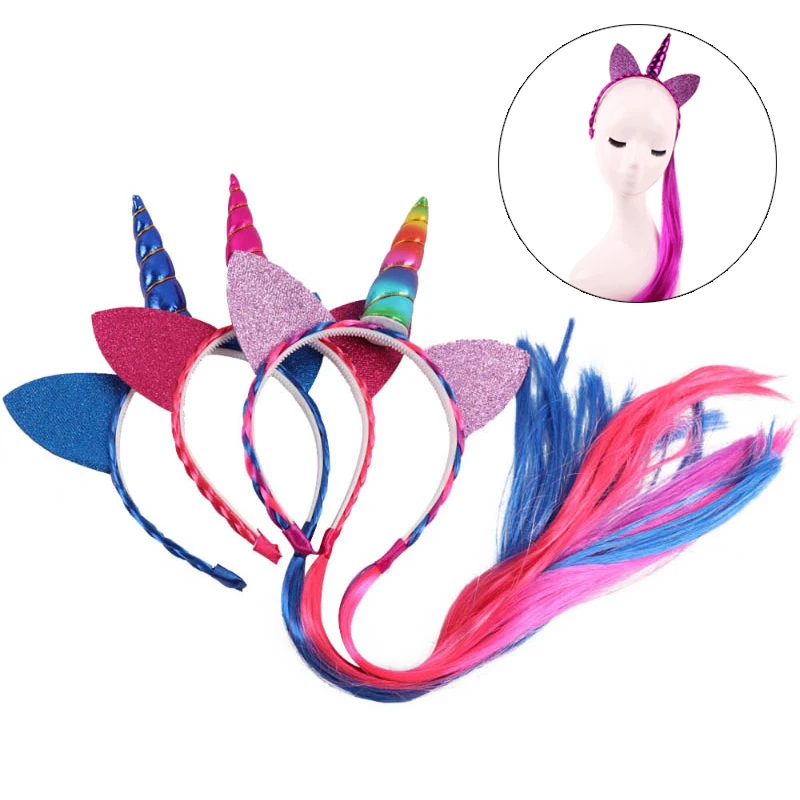 10pcs Wholesale Rainbow Color Ponytail Unicorn Headbands Glitter Ears