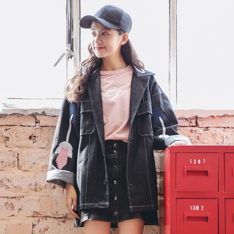 

Black Denim Jacket Women Embroidery Jeans Jacket for 2019 Harajuku Coats and Jackets Women Oversized Tops Jaqueta Feminina YY174
