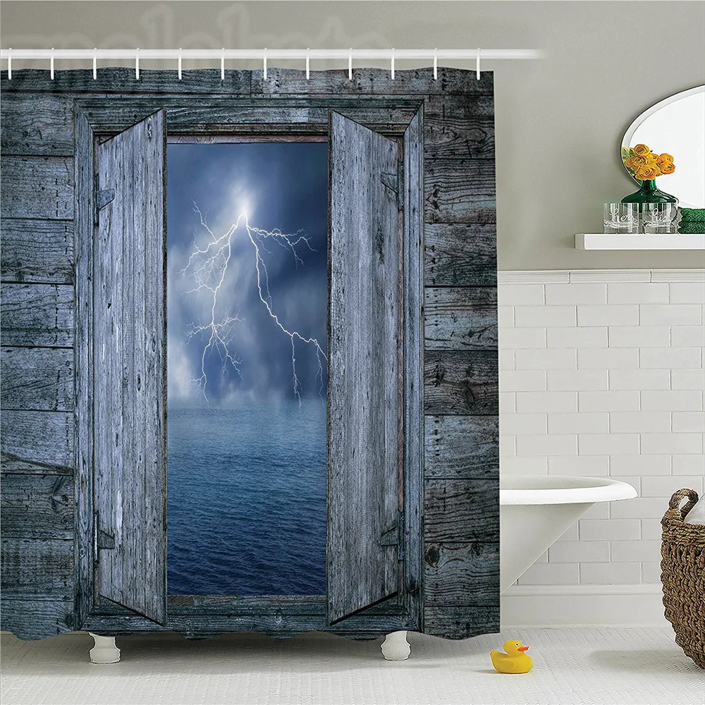 Lake House Decor Shower Curtain Set Lightning Bolt at Night from Window