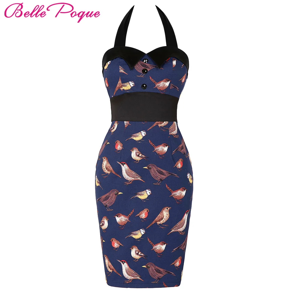 

Belle Poque Women Summer Pencil Dress 2018 Slim 50s Vintage Bird Pattern Hatler Mini Sexy Club Party Dress Bodycon Dresses