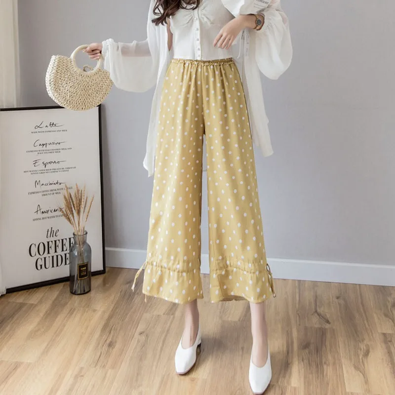 

Vintage Dot Printing Wide Leg Pants Women High Waist Loose Trousers Candy Color Lace Up Leg Female Streetwear Casual Pants