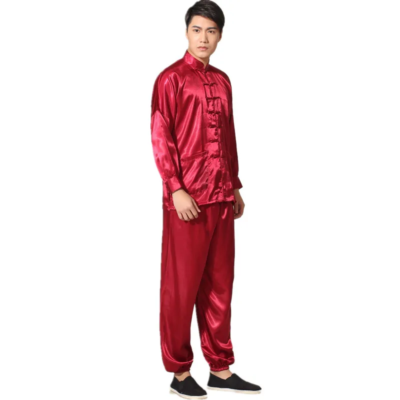 Китайский традиционный Мужской Атласный Костюм кунг-фу из искусственного шелка, винтажная одежда с длинным рукавом, униформа Тай Чи ушу, Размеры M, L, XL, XXL, 3XL, L070627 - Цвет: Красный