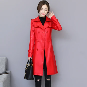 

Long Leather Jacket Women Winter Autumn 2019 Elegant Slim Ladies Washed PU Leather Trench Coats Female Outerwear Plus Size 5XL