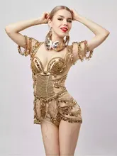 Gold Sexy Perspective Bodysuit Dance Wear Two Piece Outfit Women’s Party Dress Female Singer Sequins Costume Bra Clothing Set