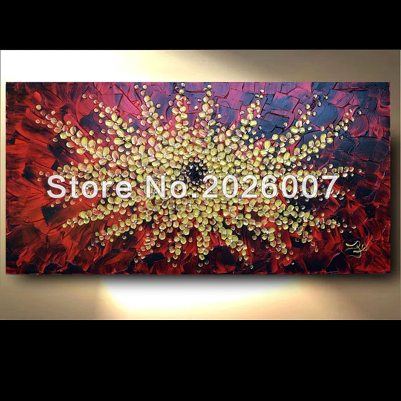 

Hand Painted Abstract Landscape Thick Palette Knife Red Gold Flower Burst Oil Painting On Canvas Modern Home Decoration Fine Art