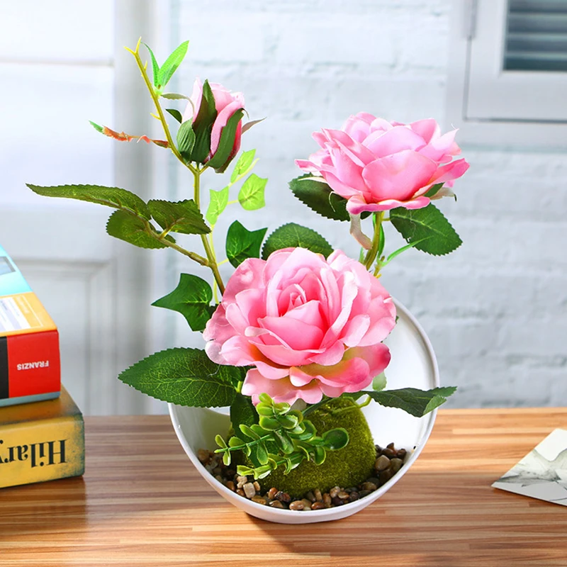 

New Real Touch Fake Rose Flowers + Vase Mini Flower Bonsai for Home Garden Decor Artificial Flowers Artificial Plants Ornament
