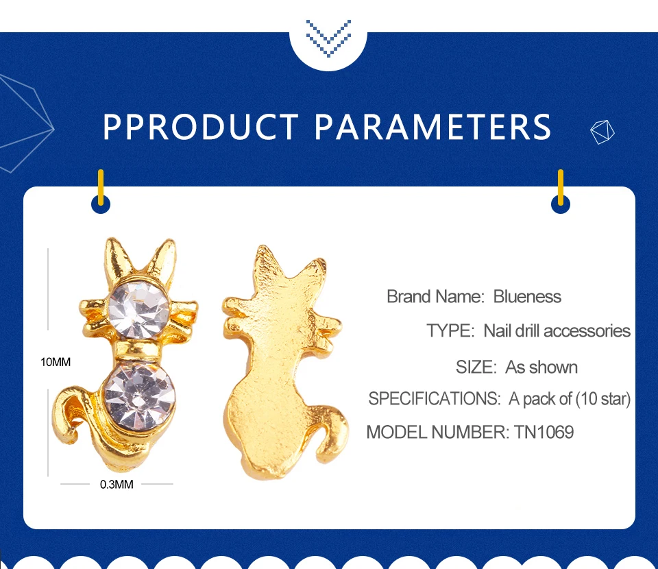Blueness 10 шт. блестящие стразы золото персидский кот 3d-украшения для ногтей гель лак DIY сплав для маникюра аксессуары