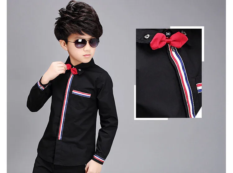 ActhInK New 2018 Boys Navy Style Dress Wedding Shirts with Bow Tie Gentle Kids Striped Formal Proms & Wedding Dress Shirts, C043 ActhInK New 2018 Boys Navy Style Dress Wedding Shirts with Bow Tie Gentle Kids Striped Formal Proms & Wedding Dress Shirts, C043
