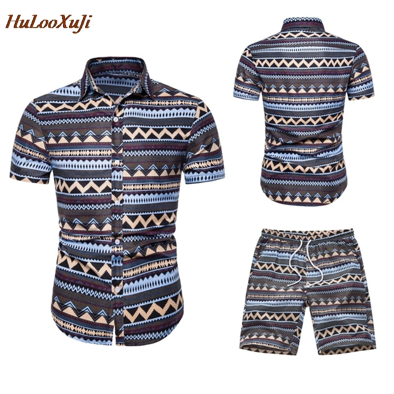 HuLooXuJi Для мужчин летние комплекты модные Кофе с принтом короткий рукав рубашки + шорты комплект из двух предметов спортивные костюмы нам
