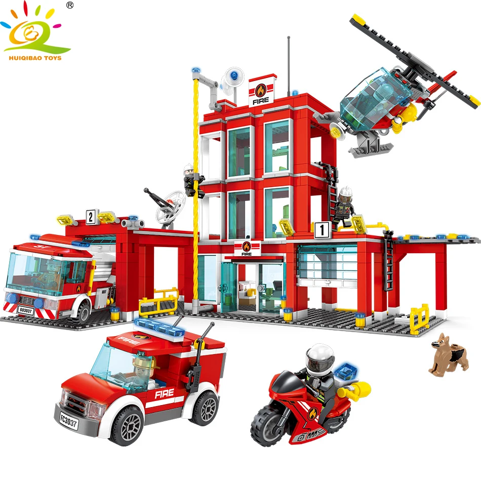 

908PCS Firefighter Truck Helicopter Vehicles Building Block Compatible Legoingly City Fire Station Firemen Figure Toys For Kids