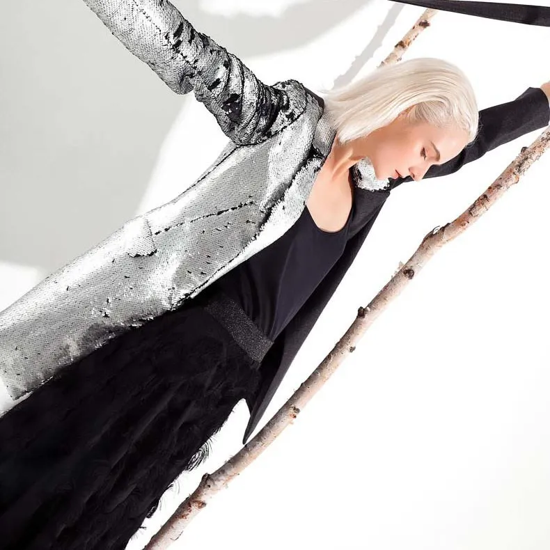 2019 Fashion Spring Winter Women Belt Long Blazer Turn-Down Collar Full Sleeve Contrast Colors Sequin |