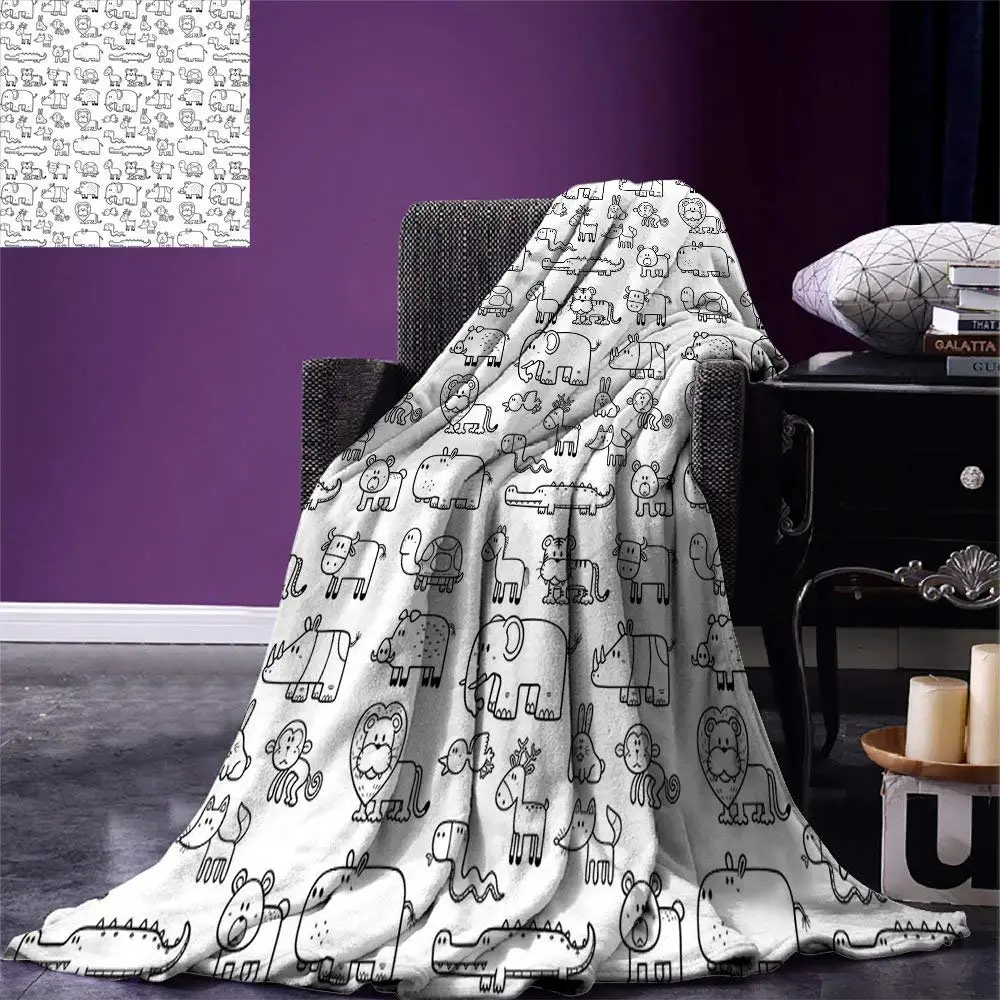

Nursery Throw Blanket Wild Animals Set in Coloring Book Style African Safari Fauna in Monochrome Design Warm Blankets for Beds