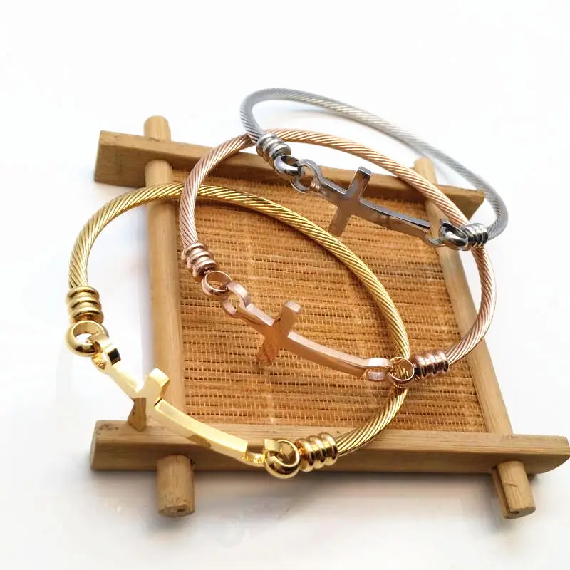 

LOOKER Bangles Fashion Thin Stainless Steel Sideways Cross Bracelet Women Christian Simple Tiny Small Horizontal Cross Bracelet