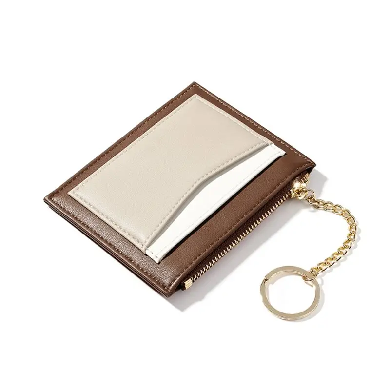 Women Mini Slim Leather Card Holder Front Pocket Fashion Lady Girls Small Wallet Bus Card Coin Holder Change Purse with keychain - Цвет: Коричневый