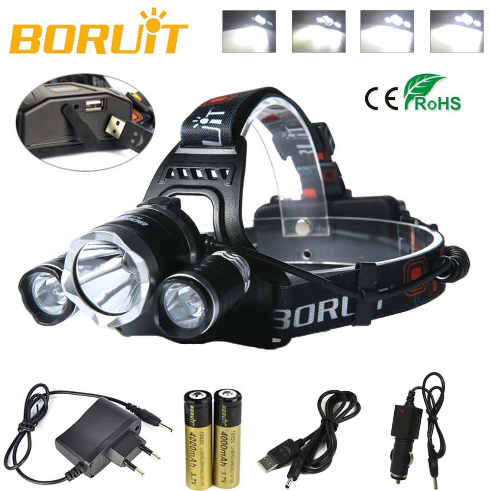 buy BORUIT 5000Lm 3X XM L T6+2R2 LED Headlamp Headlight Head Light 4 Mode Power Bank Head Torch 2X 18650+ AC Charger Hunting Camping