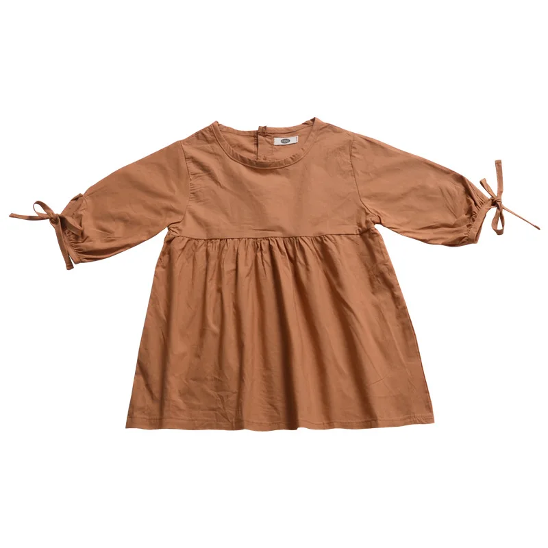 

2019 New Girls Spring Summer Dress Lantern Sleeve Pleated Solid Color Dress Children Boho Cotton Brown Tan Dress