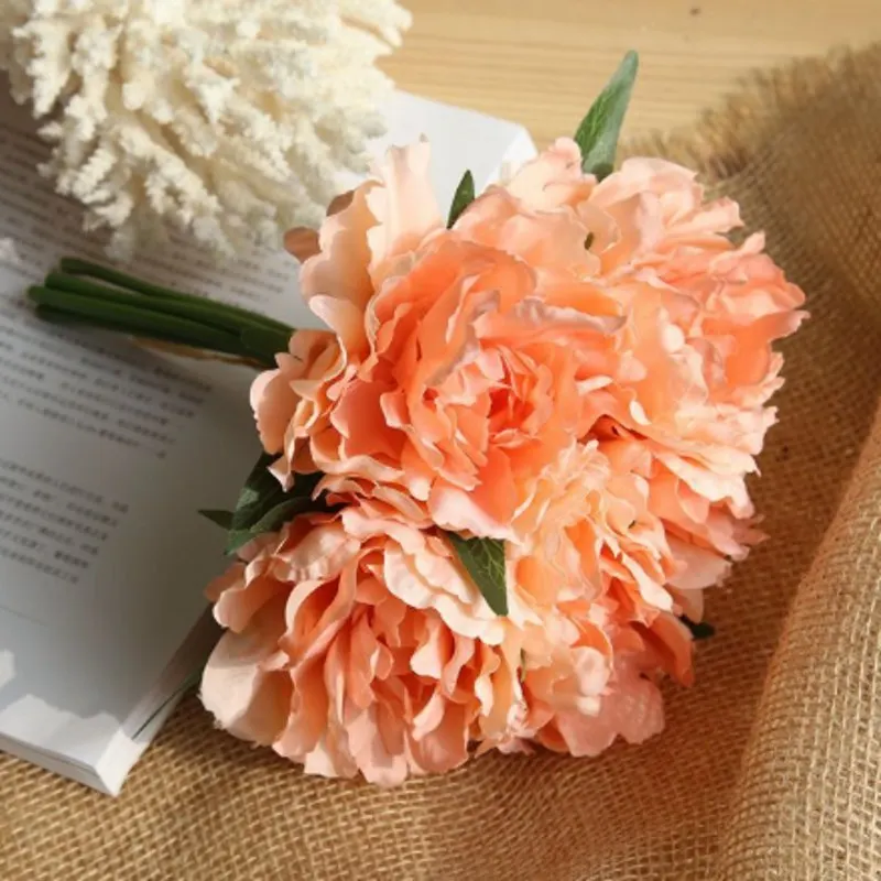 5 декоративные цветы Гортензия пион Свадебный букет Шелковый цветок для DIY украшения для домашнего праздника с зеленым листом натуральный реалистичный - Цвет: C