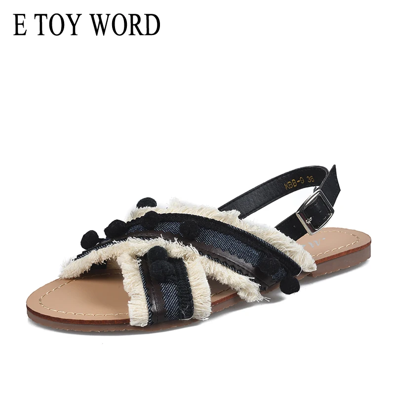 

E TOY WORD 2019 New Women sandals Bohemia Style Summer flat Shoes Cross Sandals Thick Bottom Tassels Pom-pom Balls Beach Sandals